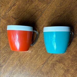 Vintage NFC Thermo Serv Insulated Plastic Mug Set, Orange and Turquoise, MCM